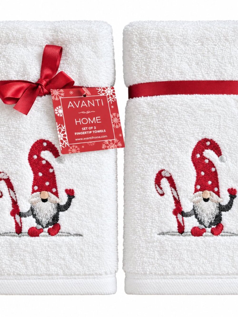 Avanti Gnome Christmas Fingertip Towels Set of 2 Embroidered Candy Cane White